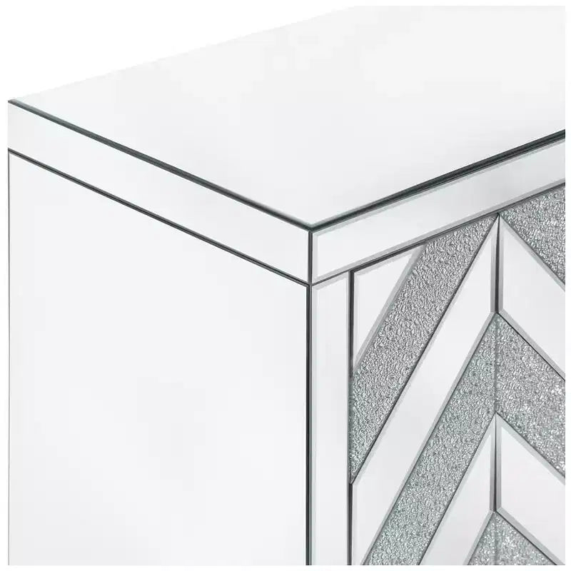 Credenza con bordo a specchio, mobile contenitore, tavolo consolle con motivo geometrico, 2 ante e maniglie effetto vetro