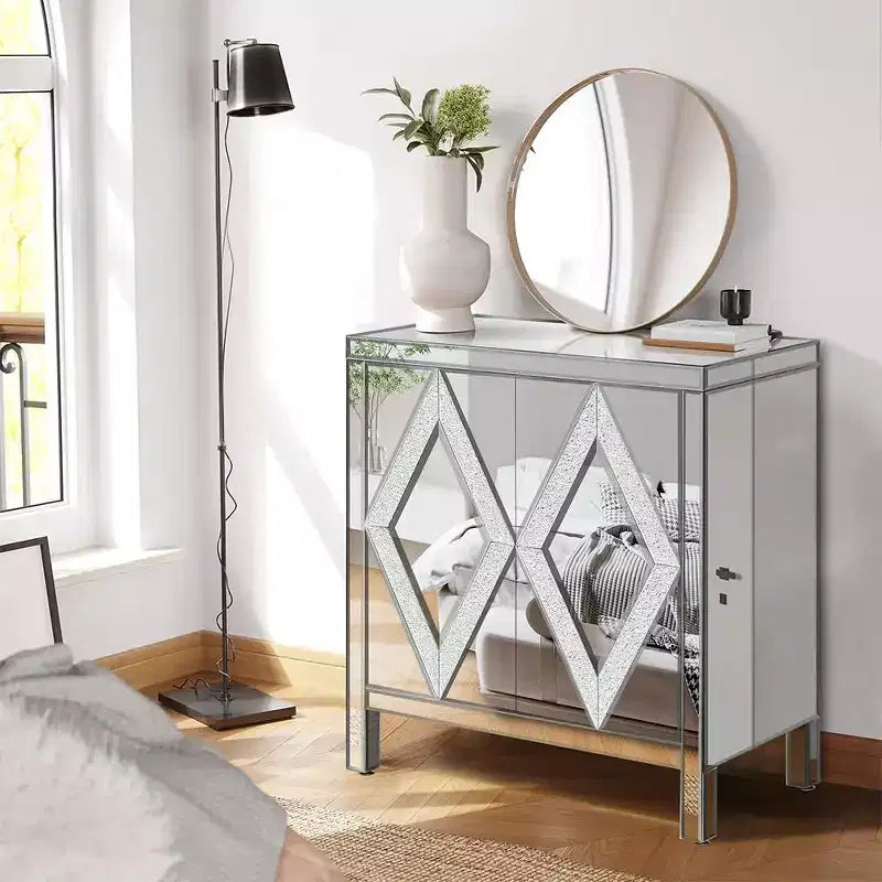 Buffet de rangement avec miroir, console avec motif géométrique, 2 portes et poignées effet verre