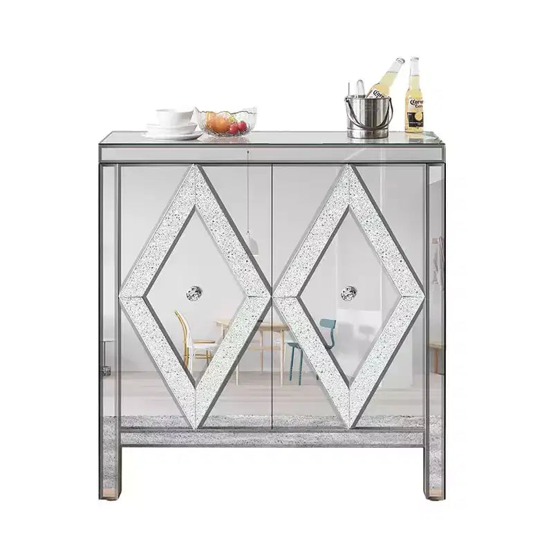 Buffet de rangement avec miroir, console avec motif géométrique, 2 portes et poignées effet verre