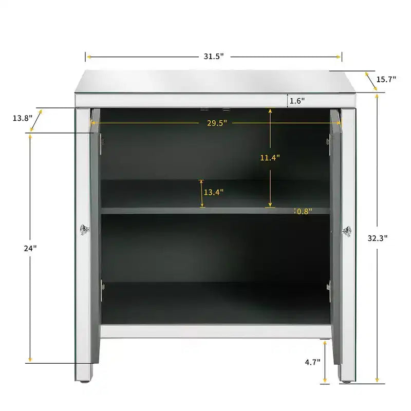 Credenza con bordo a specchio, mobile contenitore, tavolo consolle con motivo geometrico, 2 ante e maniglie effetto vetro