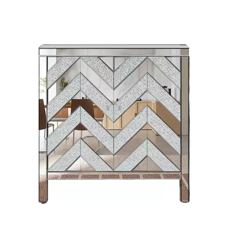 Credenza con bordo a specchio, mobile contenitore, tavolo consolle con motivo geometrico, 2 ante e maniglie effetto vetro