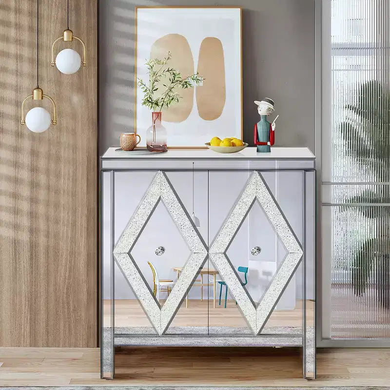 Mirrored Border Sideboard Storage Cabinet, Console Table with Geometric Pattern Design, 2 Doors, and Glass Effect Handles Console Table