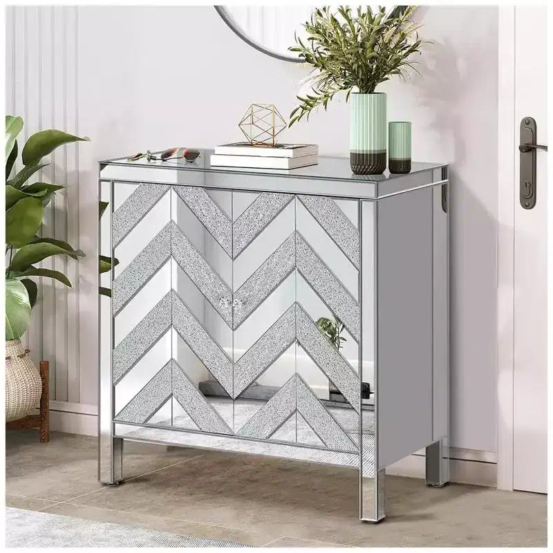 Buffet de rangement avec miroir, console avec motif géométrique, 2 portes et poignées effet verre