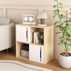 Mobile contenitore moderno in legno con ante scorrevoli, organizer a 2 ripiani aperti e chiusi, finitura in legno naturale con pannelli bianchi, per soggiorno