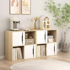 Mobile contenitore moderno in legno con ante scorrevoli, organizer a 2 ripiani aperti e chiusi, finitura in legno naturale con pannelli bianchi, per soggiorno