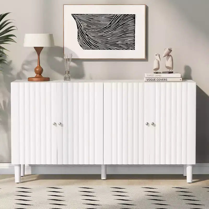 Madia Moderna ed Elegante con 4 Ante a Motivo Ondulato e Piedini Cilindrici, Mobile Contenitore da 147 cm con Ripiani Regolabili, Mobile d'Appoggio per Ingresso