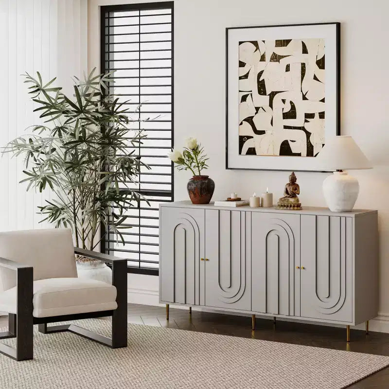 Bahut de Rangement avec 4 Portes, Pieds en Métal, Étagères Réglables, Meuble en Bois, Buffet de Service pour Cuisine