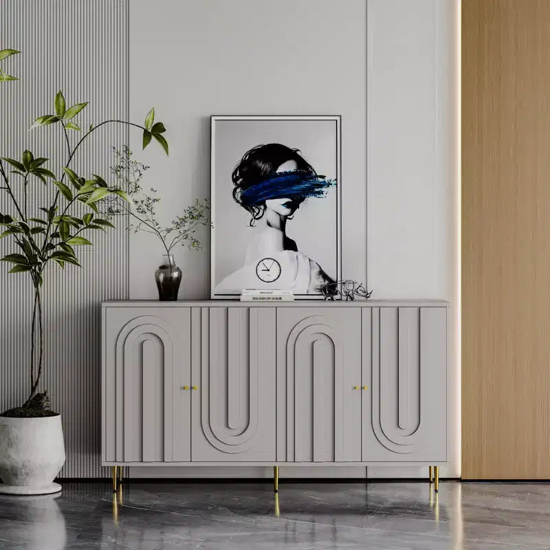 Bahut de Rangement avec 4 Portes, Pieds en Métal, Étagères Réglables, Meuble en Bois, Buffet de Service pour Cuisine