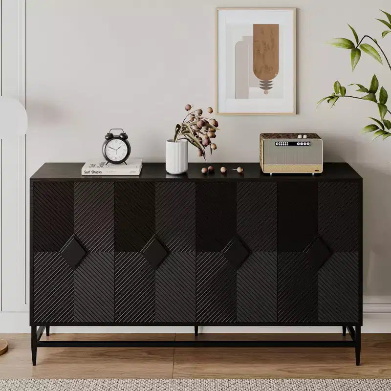 Bahut de Rangement avec 4 Portes, Pieds en Métal, Étagères Réglables, Meuble en Bois, Buffet de Service pour Cuisine