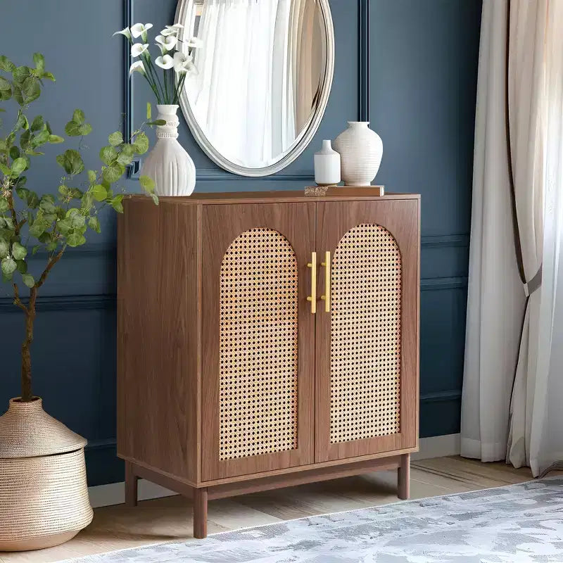 TUYOHW Buffet en rotin, Armoire de Rangement Faite à la Main à 4 Portes avec Pieds en Bois Massif pour Salle à Manger, Cuisine et Salon, Marron