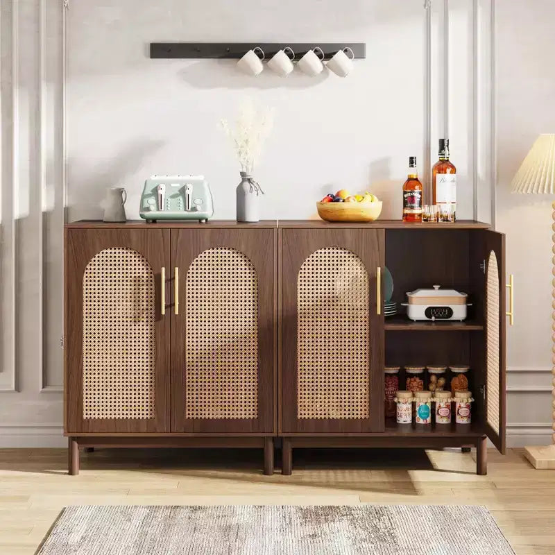TUYOHW Buffet en rotin, Armoire de Rangement Faite à la Main à 4 Portes avec Pieds en Bois Massif pour Salle à Manger, Cuisine et Salon, Marron