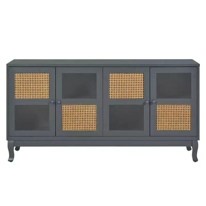 Console de rangement au sol, Buffet, Meuble de rangement avec 4 portes en rotin synthétique et verre transparent pour entrée