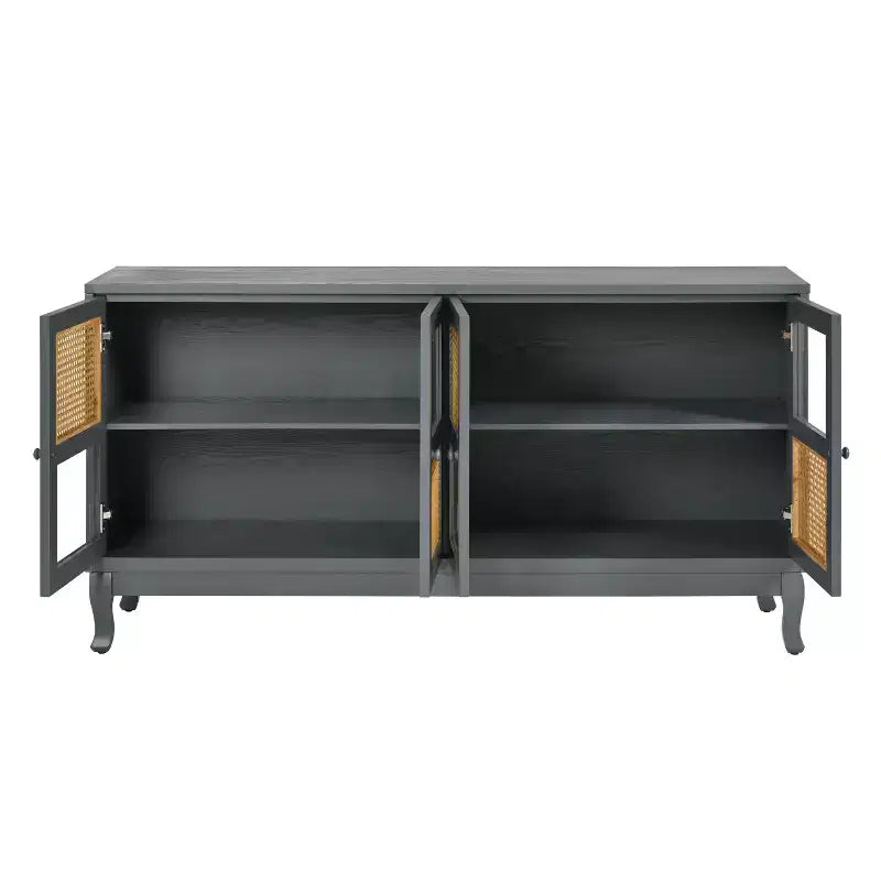 Console de rangement au sol, Buffet, Meuble de rangement avec 4 portes en rotin synthétique et verre transparent pour entrée