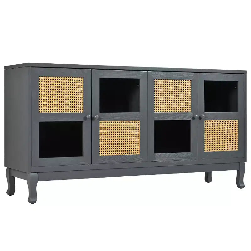 Console de rangement au sol, Buffet, Meuble de rangement avec 4 portes en rotin synthétique et verre transparent pour entrée