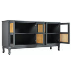 Console de rangement au sol, Buffet, Meuble de rangement avec 4 portes en rotin synthétique et verre transparent pour entrée