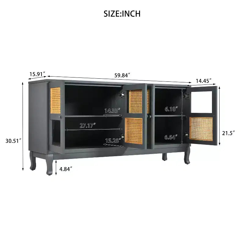 Console de rangement au sol, Buffet, Meuble de rangement avec 4 portes en rotin synthétique et verre transparent pour entrée