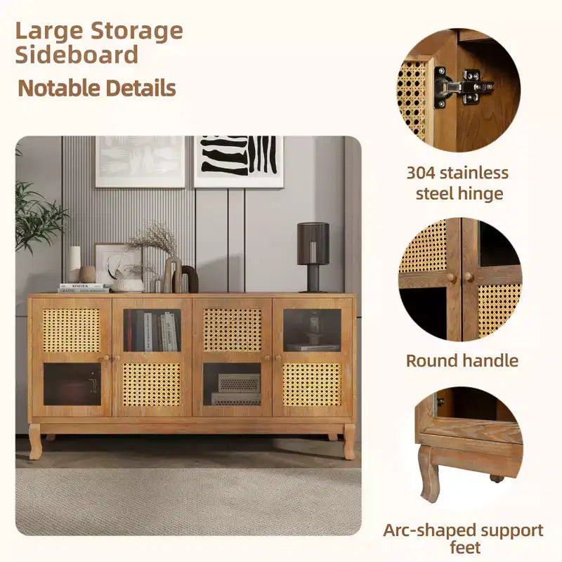 Tavolo console da terra, credenza a buffet, mobile credenza con 4 ante in rattan artificiale e vetro trasparente per ingresso