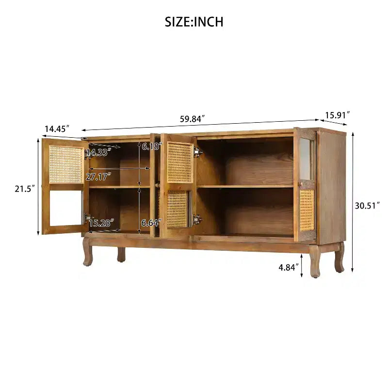 Console de rangement au sol, Buffet, Meuble de rangement avec 4 portes en rotin synthétique et verre transparent pour entrée