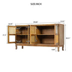 Console de rangement au sol, Buffet, Meuble de rangement avec 4 portes en rotin synthétique et verre transparent pour entrée