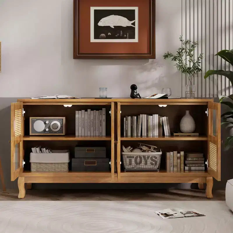 Console de rangement au sol, Buffet, Meuble de rangement avec 4 portes en rotin synthétique et verre transparent pour entrée