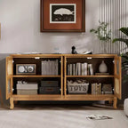 Console de rangement au sol, Buffet, Meuble de rangement avec 4 portes en rotin synthétique et verre transparent pour entrée