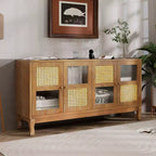 Console de rangement au sol, Buffet, Meuble de rangement avec 4 portes en rotin synthétique et verre transparent pour entrée