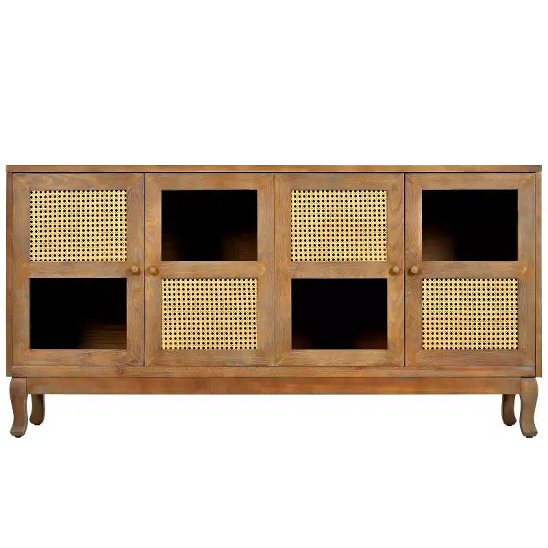 Console de rangement au sol, Buffet, Meuble de rangement avec 4 portes en rotin synthétique et verre transparent pour entrée
