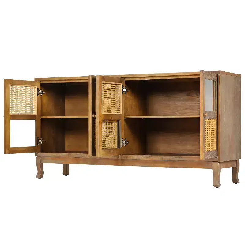 Console de rangement au sol, Buffet, Meuble de rangement avec 4 portes en rotin synthétique et verre transparent pour entrée