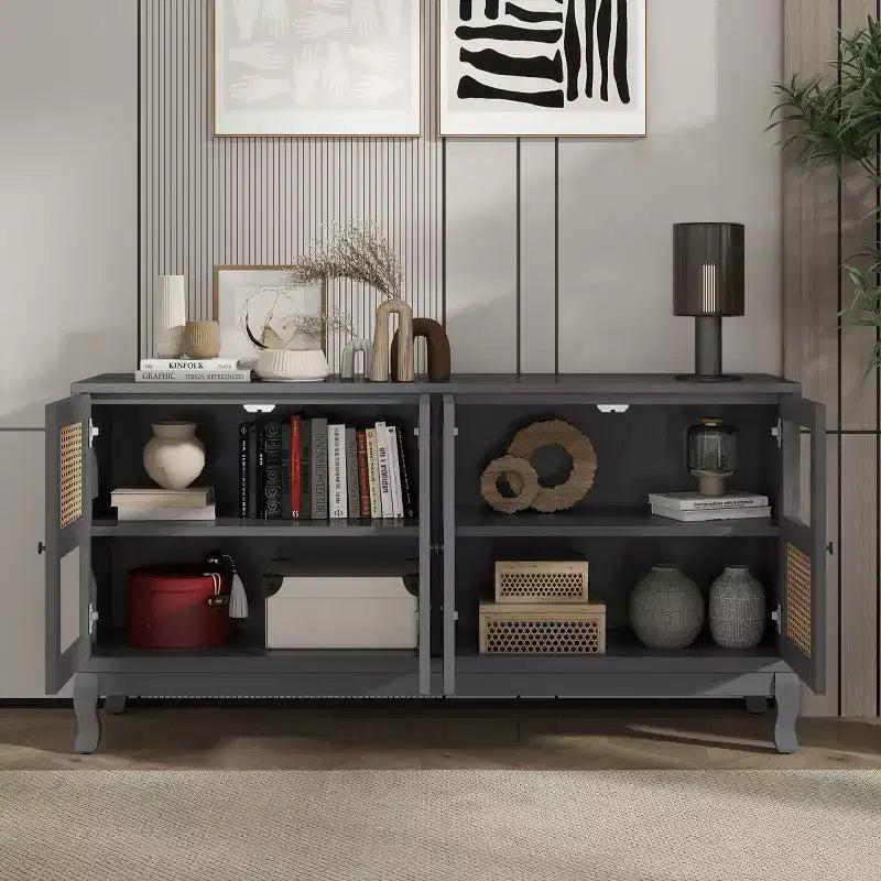 Console de rangement au sol, Buffet, Meuble de rangement avec 4 portes en rotin synthétique et verre transparent pour entrée