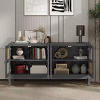 Console de rangement au sol, Buffet, Meuble de rangement avec 4 portes en rotin synthétique et verre transparent pour entrée