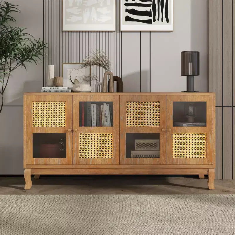 Floor Storage Console Table,Sideboard Buffet Cabinet, Sideboard Cabinet with 4 Artificial Rattan and Clear Glass Doors for Entryway