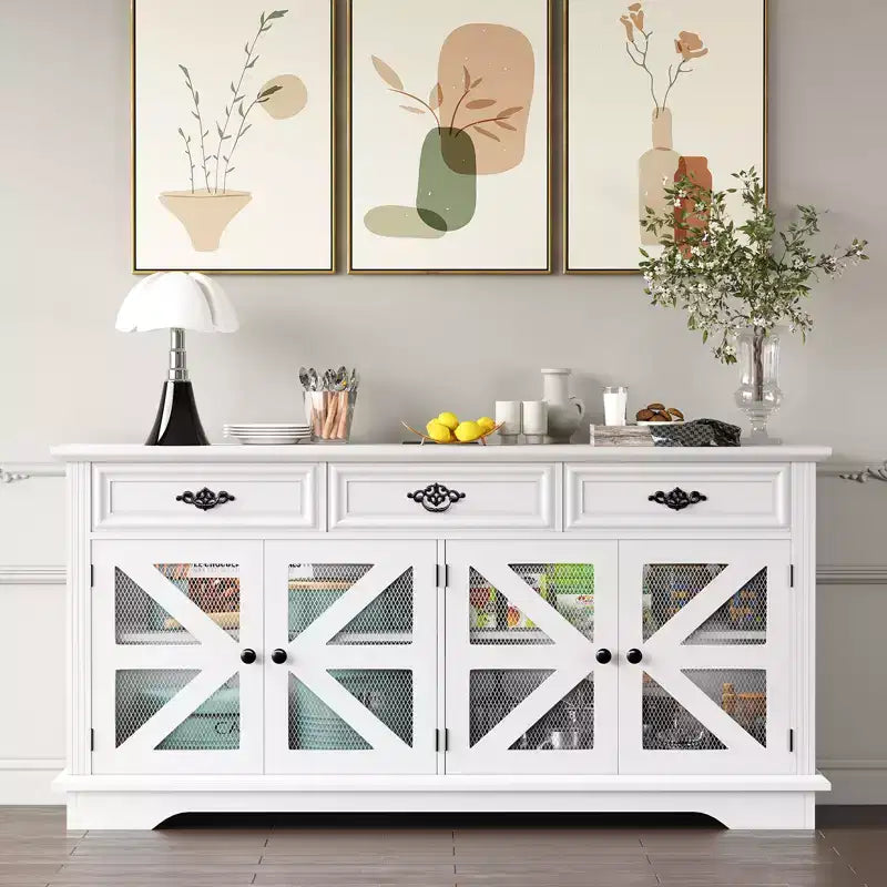 Buffet de cuisine avec station de recharge et vitrine en verre de 160 cm, meuble de rangement en bois avec 3 tiroirs pour salle à manger et salon