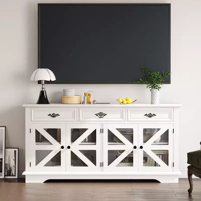 Buffet de cuisine avec station de recharge et vitrine en verre de 160 cm, meuble de rangement en bois avec 3 tiroirs pour salle à manger et salon