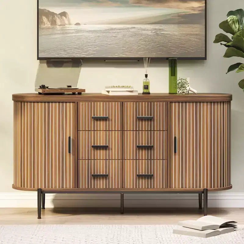 47 Buffet Bahut Mid-Century Moderne Faux Marbre, Console de Rangement Cannelée avec 3 Tiroirs et Pieds en Métal pour Salle à Manger Salon Entrée