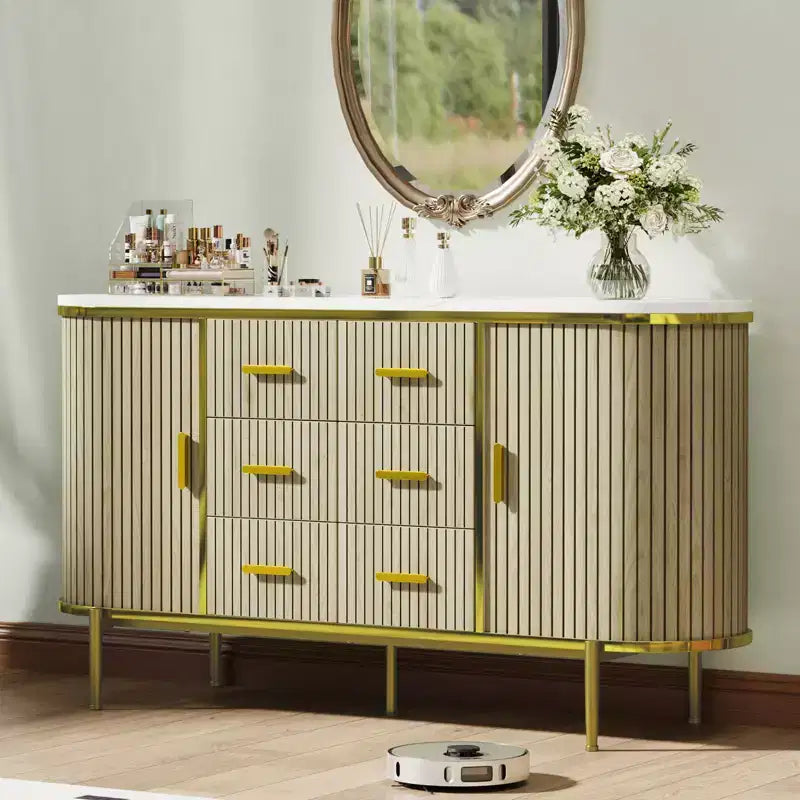 47 Buffet Bahut Mid-Century Moderne Faux Marbre, Console de Rangement Cannelée avec 3 Tiroirs et Pieds en Métal pour Salle à Manger Salon Entrée