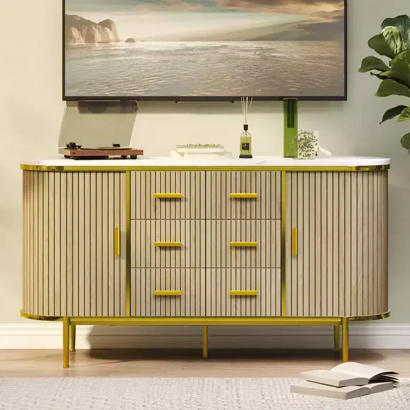 47 Buffet Bahut Mid-Century Moderne Faux Marbre, Console de Rangement Cannelée avec 3 Tiroirs et Pieds en Métal pour Salle à Manger Salon Entrée