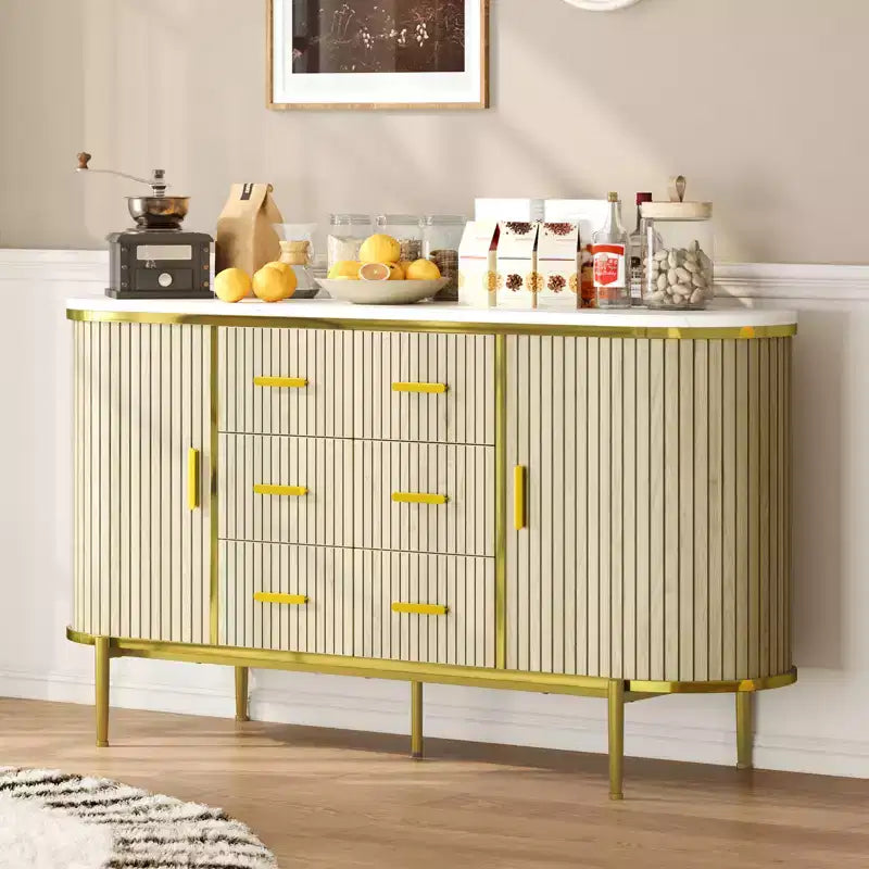 47 Buffet Bahut Mid-Century Moderne Faux Marbre, Console de Rangement Cannelée avec 3 Tiroirs et Pieds en Métal pour Salle à Manger Salon Entrée