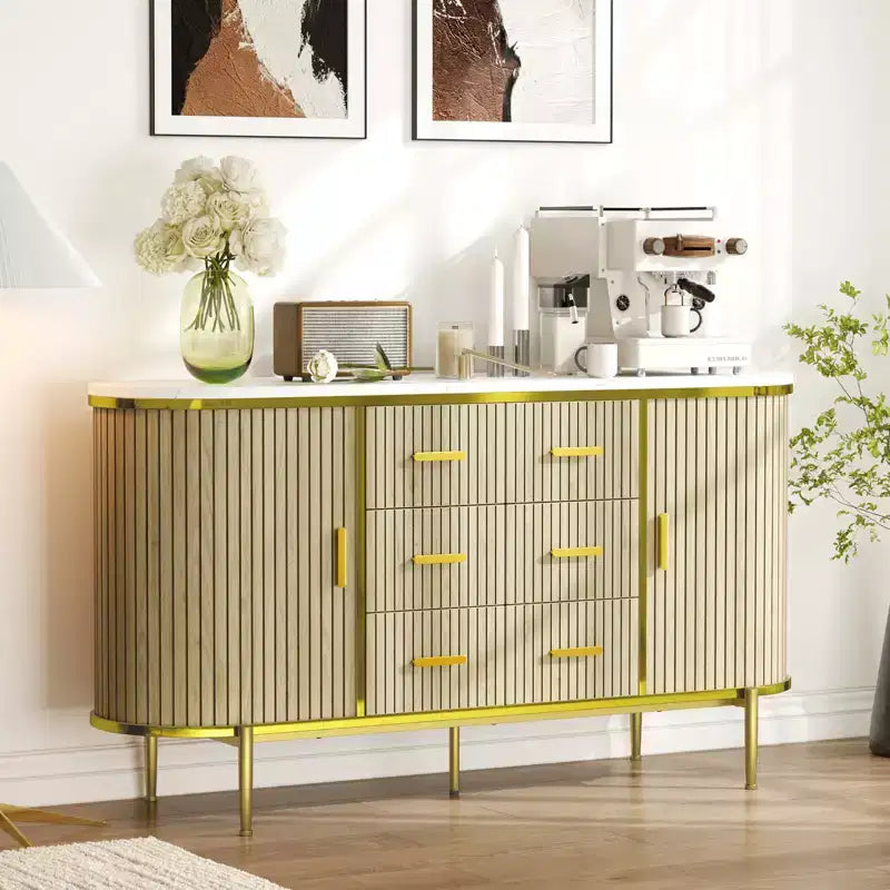 47 Buffet Bahut Mid-Century Moderne Faux Marbre, Console de Rangement Cannelée avec 3 Tiroirs et Pieds en Métal pour Salle à Manger Salon Entrée