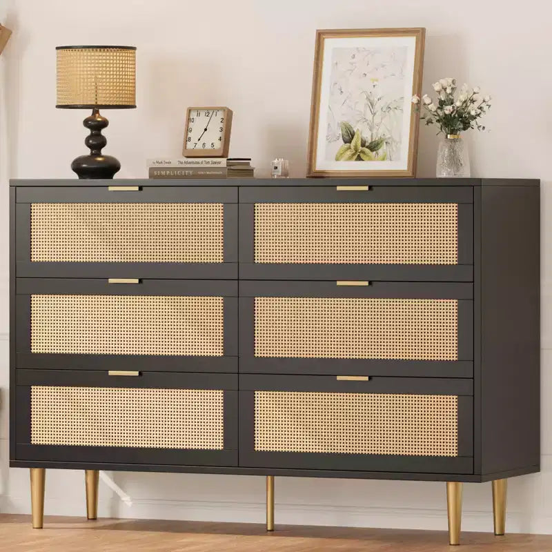 Natural Rattan 6 Drawer Dresser for Bedroom,Chest of Drawers with Gold Legs and Gold Handles,Wide Double Dresser with Large Tabletop and Anti-Tipping