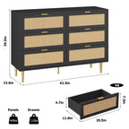 Commode de chambre à 6 tiroirs en rotin naturel, commode avec pieds et poignées dorés, grande commode double avec grand plateau et anti-basculement