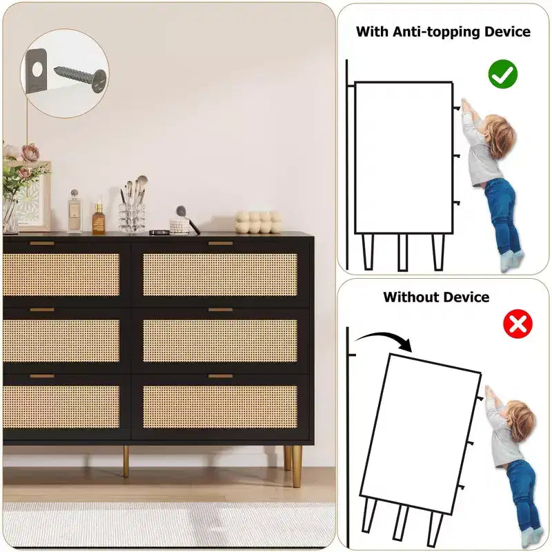 Commode de chambre à 6 tiroirs en rotin naturel, commode avec pieds et poignées dorés, grande commode double avec grand plateau et anti-basculement