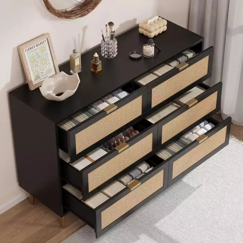 Commode de chambre à 6 tiroirs en rotin naturel, commode avec pieds et poignées dorés, grande commode double avec grand plateau et anti-basculement