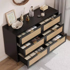 Commode de chambre à 6 tiroirs en rotin naturel, commode avec pieds et poignées dorés, grande commode double avec grand plateau et anti-basculement