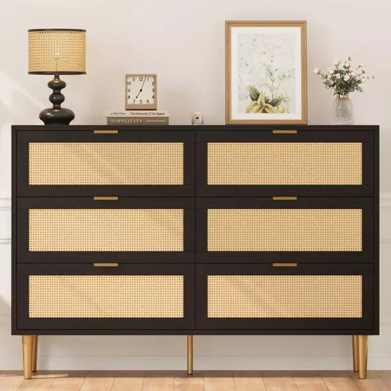 Commode de chambre à 6 tiroirs en rotin naturel, commode avec pieds et poignées dorés, grande commode double avec grand plateau et anti-basculement
