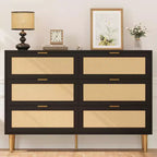 Commode de chambre à 6 tiroirs en rotin naturel, commode avec pieds et poignées dorés, grande commode double avec grand plateau et anti-basculement