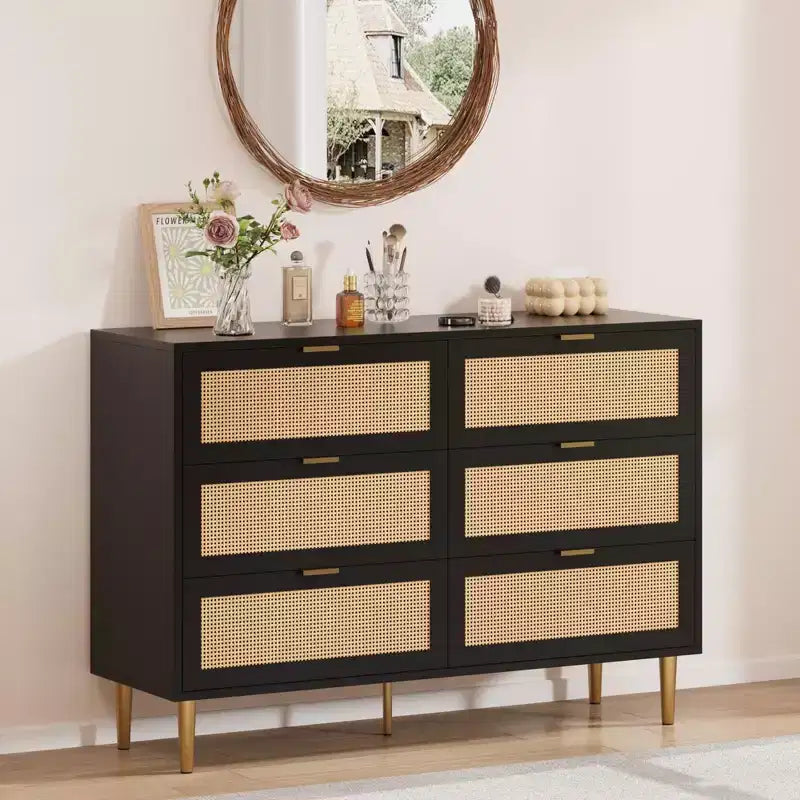 Commode de chambre à 6 tiroirs en rotin naturel, commode avec pieds et poignées dorés, grande commode double avec grand plateau et anti-basculement