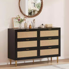 Commode de chambre à 6 tiroirs en rotin naturel, commode avec pieds et poignées dorés, grande commode double avec grand plateau et anti-basculement