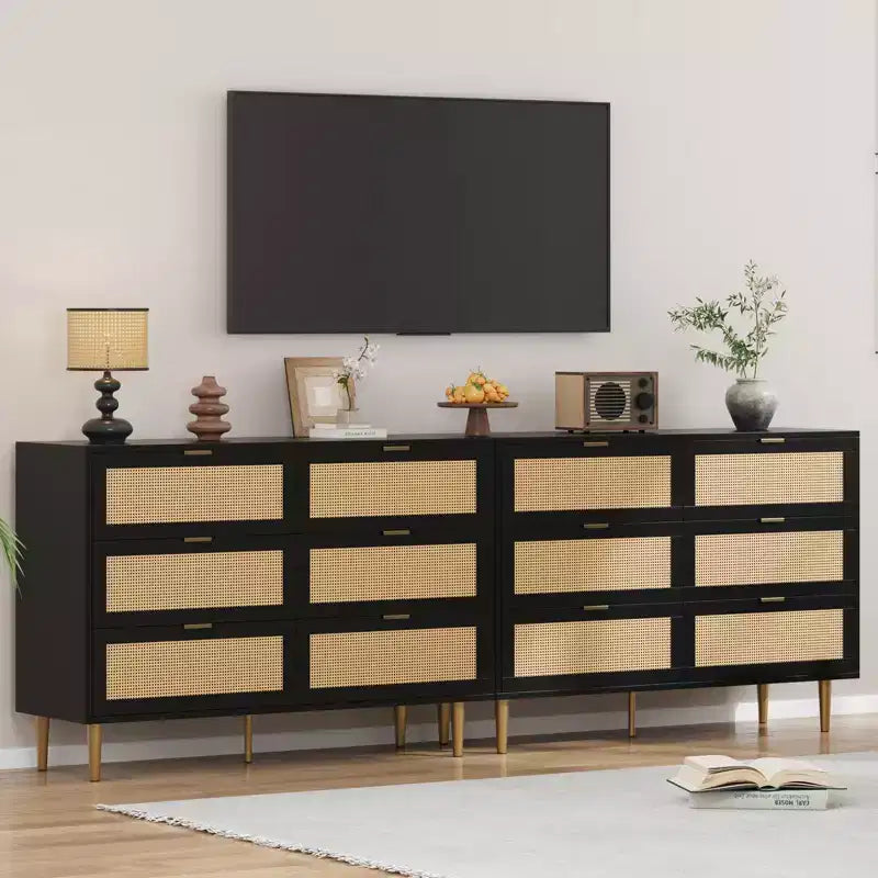 Commode de chambre à 6 tiroirs en rotin naturel, commode avec pieds et poignées dorés, grande commode double avec grand plateau et anti-basculement