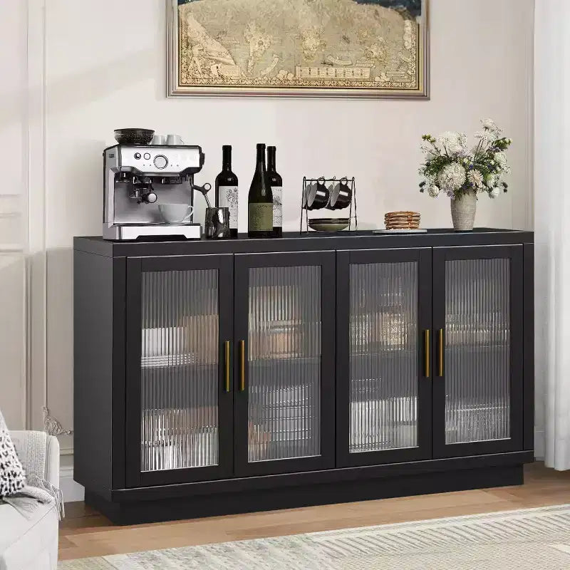 Buffet Cabinet with Storage, 55.1 Large Wood Cabinet with 4 Fluted Glass Doors, Black Modern Storage Cabinets for Living Room, Entryway, Kitchen