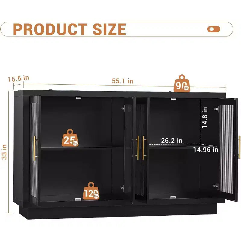 Mobile Buffet con Credenza, Mobile Grande in Legno da 140 cm con 4 Ante in Vetro Scanalato, Credenze Moderne Nere per Soggiorno, Ingresso, Cucina